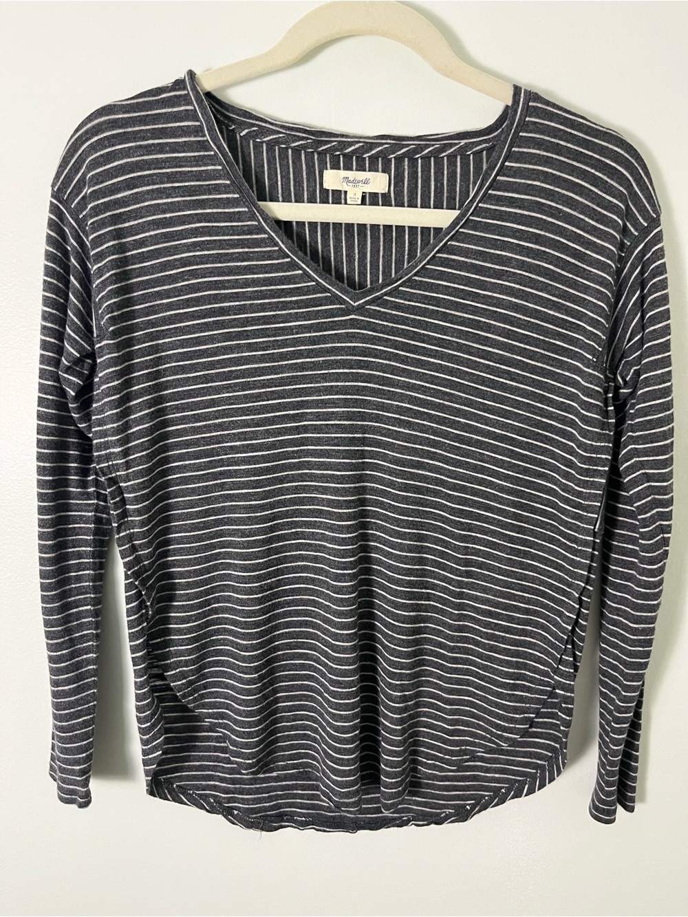 Madewell Charcoal and White Striped V-Neck Long Sleeve Top